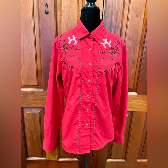 Ace of Diamond Western Cowgirl Red Pearl Snap Shirt Button Embroidery Size L - Picture 1 of 10